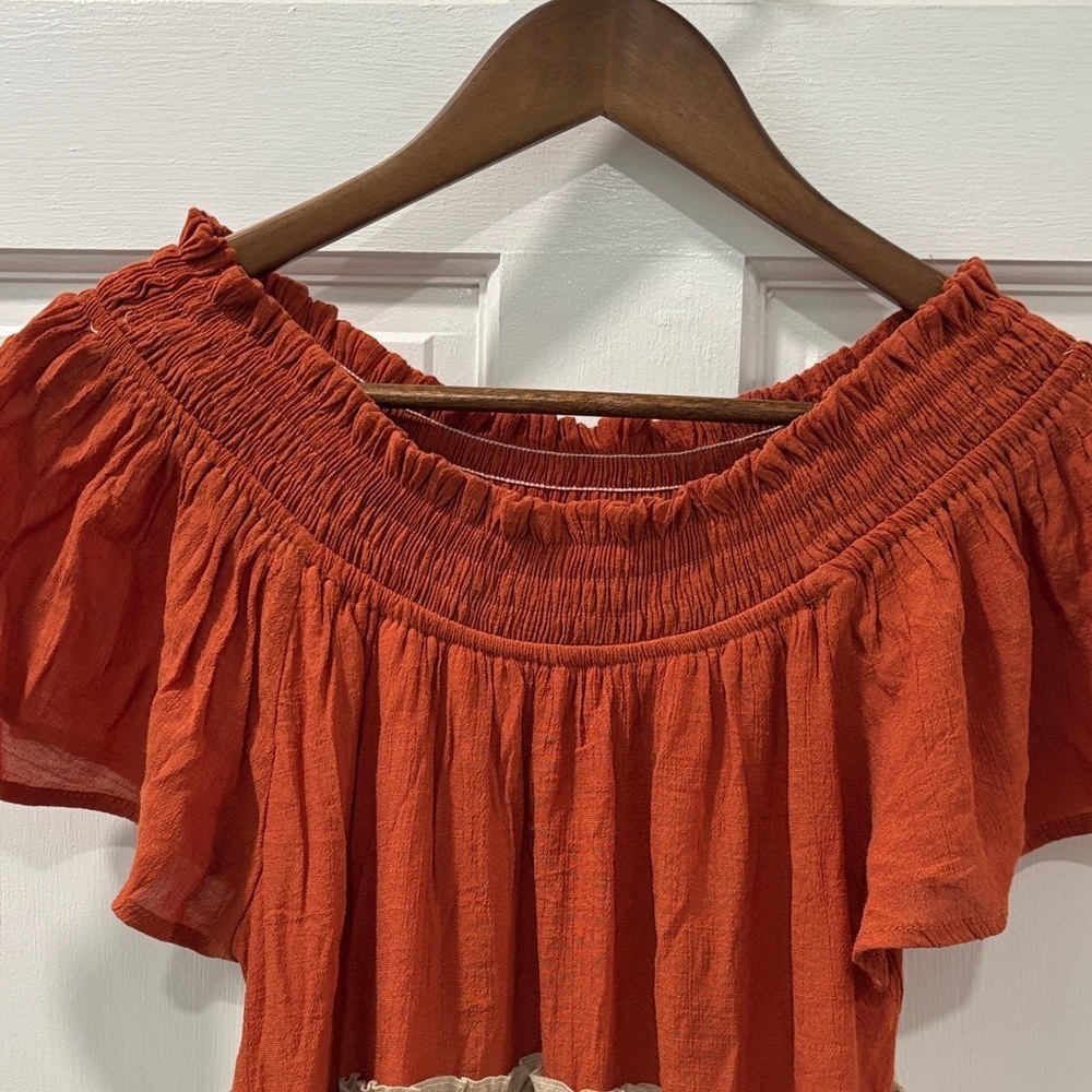 Umgee Colorblock Boho Tiered On/Off Shoulder Peasant Midi Dress Fall Colors Sz M - Picture 7 of 8